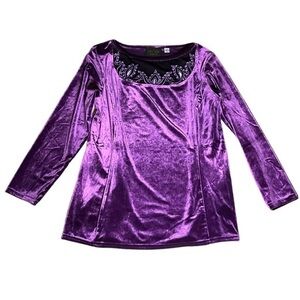 Bob Mackie wearable art top purple velvet‎ long sleeve blouse paisley trim small